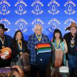 Inductees into the 2025 National Native American Hall of Fame include, from left, Ross Anderson, Deb Haaland, Dwight Birdwell, Lynn Valbuena and W. Ron Allen. Not pictured is Notah Begay III, who was unable to attend the Nov. 1 induction ceremony in Oklahoma City. (Mike Dashiell/Jamestown SKlallam Tribe)