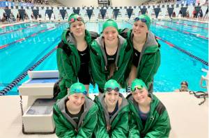 The Port Angeles girls swim team finished 12th at state this weekend. From left, top row, are Amayah Nelson, Lizzy Shaw and Lynzee Reid. From left, bottom row, are Anaya Tejeda, Chloe Kay-Sanders and Mia Francis. (Sally Cole)