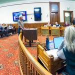 Jim Brennan, a seven-year Port Townsend resident, makes comments to a standing-room-only Port Townsend City Council meeting on Monday night. The council was continuing a public hearing on Ordinance 3361, relating to comprehensive planning that will impact the growth of the city. (Steve Mullensky/for Peninsula Daily News)