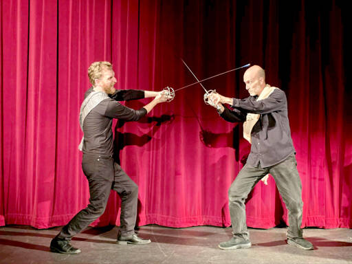 Matt Forrest, left, as MacDuff and Tim Thorn as Macbeth rehearse for Peninsula Colleges production of Macbeth or The Curse of the Scottish Play.