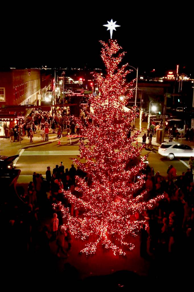 The 34-foot tree aglow with nearly 20,000 lights will adorn downtown Port Angeles through out the holiday season. (Dave Logan/For Peninsula Daily News)