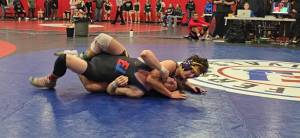 Marcie Lammers
Sequim sophomore Aiden Glenn gains an advantage over East Jeffersons Aiden Kraft during a four-team season-opening jamboree at Port Townsend High School. Other teams in attendance were Port Angeles and Forks. Glenn and Kraft both wrestled at Mat Classic, the state wrestling tournament, last season.