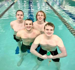 The Port Angeles 200 medley relay team has already set a state-qualifying time this season. From left, rear, are Adam Kaminski and Miles Van Denburg. From left, front, are Edward Gillespie and Thomas Jones. (Sally Cole)