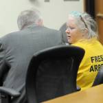 Tina Marie Alcorn, right, talks with attorney John Hayden during Alcorns first appearance on June 10, 2025, in Clallam County Superior Court after extradition from Arkansas in connection with the 2016 homicide of George Cecil David in Port Angeles. (Keith Thorpe/Peninsula Daily News)
