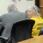 Tina Marie Alcorn, right, talks with attorney John Hayden during Alcorns first appearance on June 10, 2025, in Clallam County Superior Court after extradition from Arkansas in connection with the 2016 homicide of George Cecil David in Port Angeles. (Keith Thorpe/Peninsula Daily News)