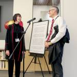 To honor outgoing Hospital Commission Chair Jill Buhler Rienstra, Jefferson Healthcare dedicated a courtyard to her in December. Buhler Rienstra appears here with Jefferson Healthcare Chief Executive Officer Mike Glenn, right.