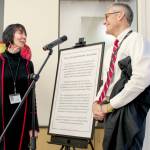 To honor outgoing Hospital Commission Chair Jill Buhler Rienstra, Jefferson Healthcare dedicated a courtyard to her in December. Buhler Rienstra stands on the left, Jefferson Healthcare Chief Executive Officer Mike Glenn on the right.