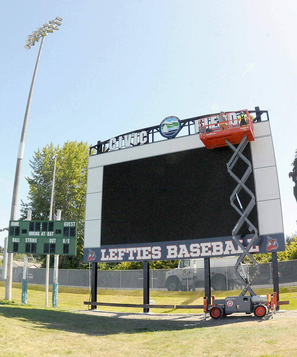 The Port Angeles Lefties installed a new scoreboard and videoboard at Civic Field this spring. In addition to the Lefties, the Port Angeles baseball and football teams use the board, as well as the Wilder Baseball Club. (Keith Thorpe/Peninsula Daily News)