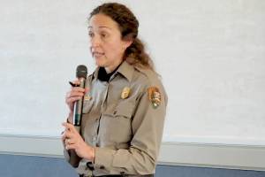Olympic National Park Superintendent Sula Jacobs answers questions Wednesday during the Port Angeles Chamber of Commerce luncheon at the Red Lion Inn. (Emily Hanson/Peninsula Daily News)