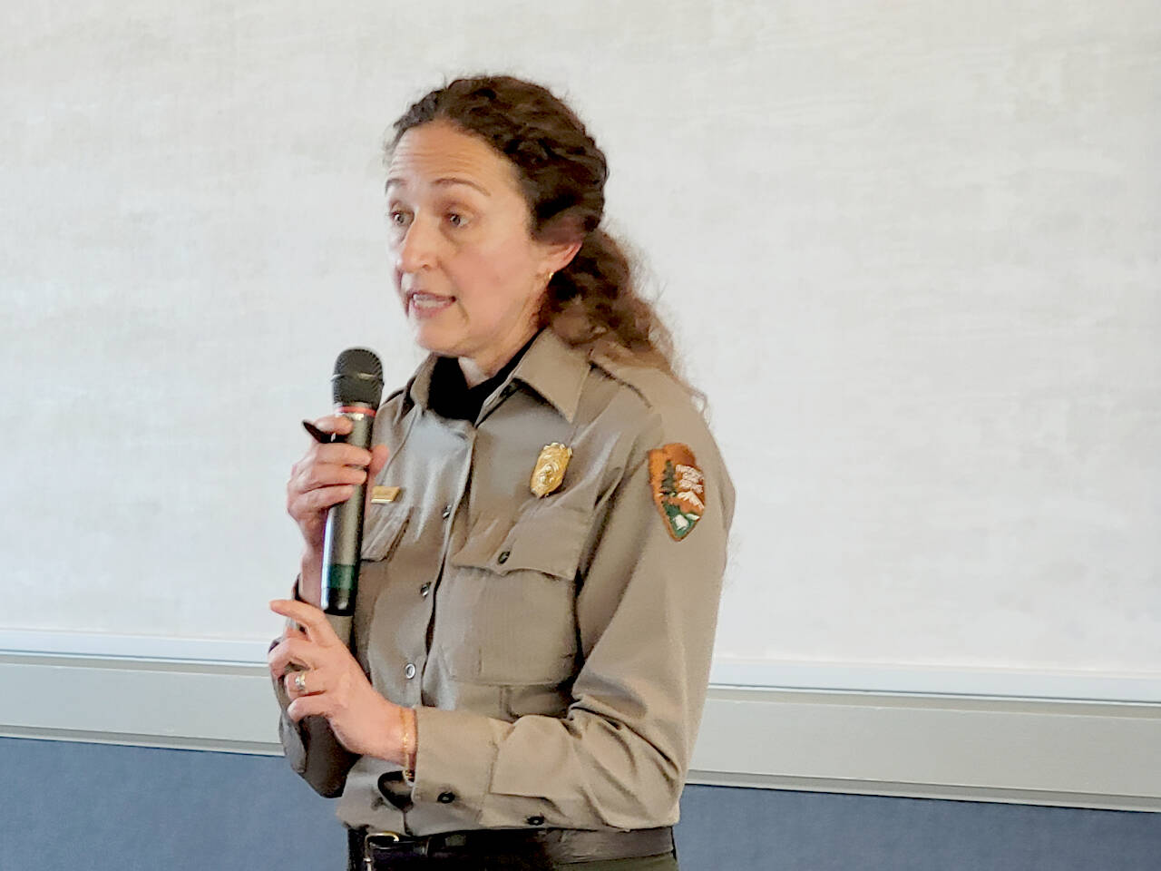 Olympic National Park Superintendent Sula Jacobs answers questions Wednesday during the Port Angeles Chamber of Commerce luncheon at the Red Lion Inn. (Emily Hanson/Peninsula Daily News)