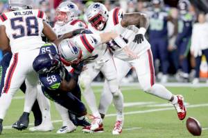 Seattle's Derick Hall (58) strip sacks New England quarterback Drake Maye during Super Bowl 60 in Levi's Stadium in Santa Clara, Calif. (Getty Images)