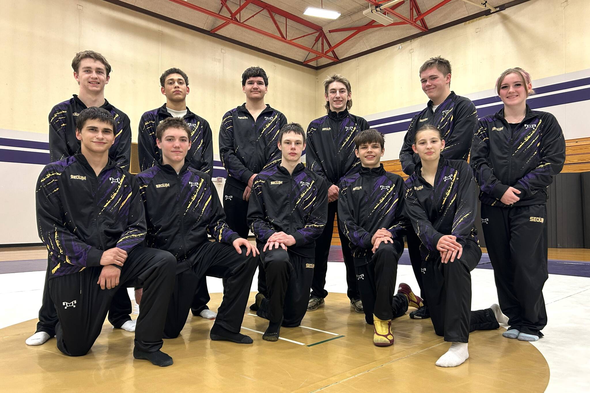Sequim Gazette photo by Matthew Nash
Sequims statebound wrestlers include, from top left, Riley Downs, Andre Linson, alternate, Max Sivilli, Levi Breithaupt, Cash Hiner, alternate, Harper Campbell; from bottom left, Finn Jones, Ryan Spelker, Johnny Vilona, Brandon Bair, and Story Snow. Theyll wrestle in the Tacoma Dome in the 2A boys and girls state meets Feb. 20-21.