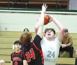 Port Angeles' Brock Hope goes up for a shot against the defense of Orting on Saturday in Port Angeles. The Roughriders won 48-33 to move on to the double-elimination phase of the District 3 2A tournament. (Dave Logan/for Peninsula Daily News)