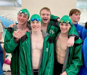 The Port Angeles boys 200-yard medley team of, from left, Miles Van Denburg, Patrick Ross, Thomas Jones and Edward Gillespie, won the District 3 title this weekend at Shore Aquatic Center in Port Angeles. (Sally Cole)