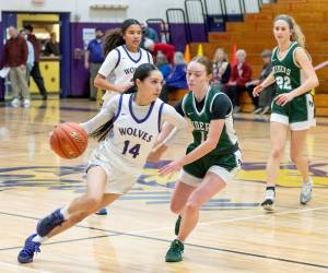 Sequim's Gracie Chartraw was named the Olympic League MVP last week by the league's coaches. She is averaging 24.9 points a game for the Wolves. (Emily Mathiessen/for Peninsula Daily News)