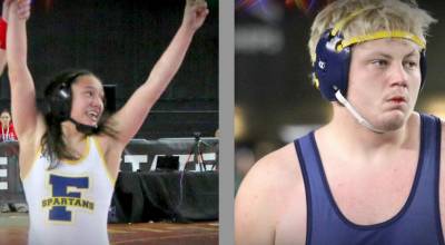 Forks Jade Blair, left and Ken Daman both won state championships this weekend at the Mat Classic in Tacoma. (WIAA)