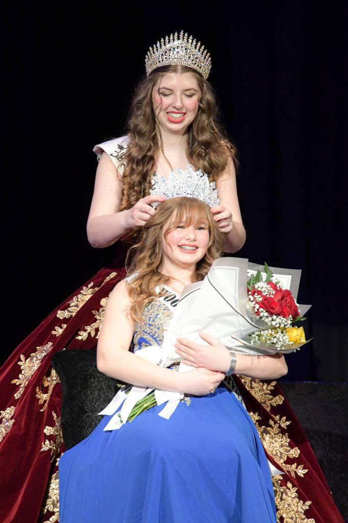 Monica Berkseth/Olympic Peninsula News Group
Tilly Woods is crowned as the queen of the 2026 Sequim Irrigation Festival by last years queen Lily Tjemsland.