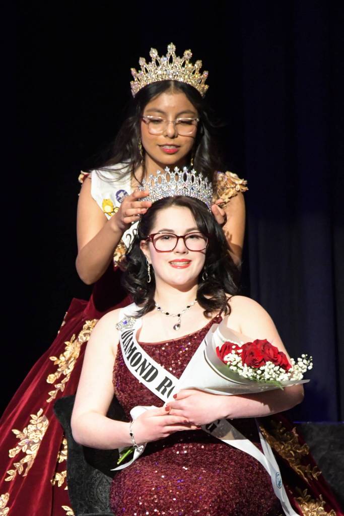 Princess Joanna Morales crowns 2026 Princess Emma Rhodes during the Royalty Ambassador Scholarship Pageant. (Monica Berkseth/Olympic Peninsula News Group)