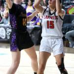 Roger Harnack/Cheney Free Press Neah Bays Qwaapeys Greene rises to shoot while while guarded by a Pateros defender during the Class 1B State Girls Basketball Tournament on Thursday at the Spokane Veterans Arena.