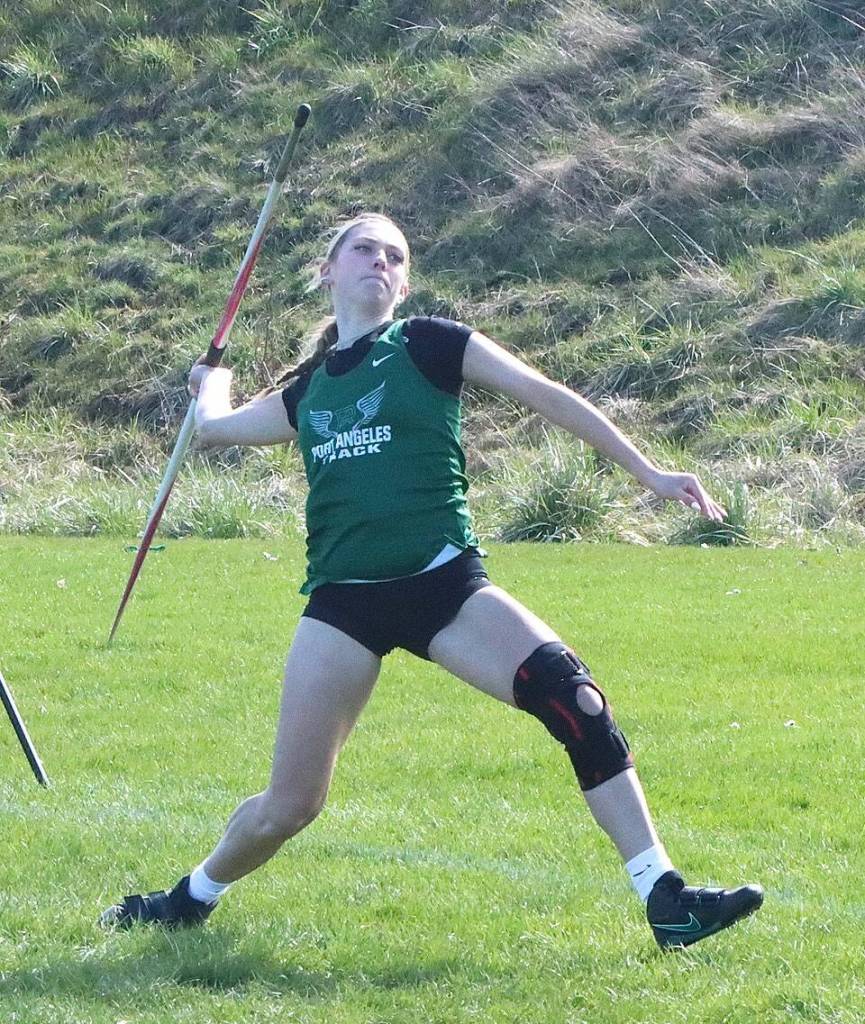 Defending state champion javelin thrower Teanna Clark took first place at the Port Angeles Track and Field Invite, winning the javelin by more than 33 feet. (Dave Logan/for Peninsula Daily News)