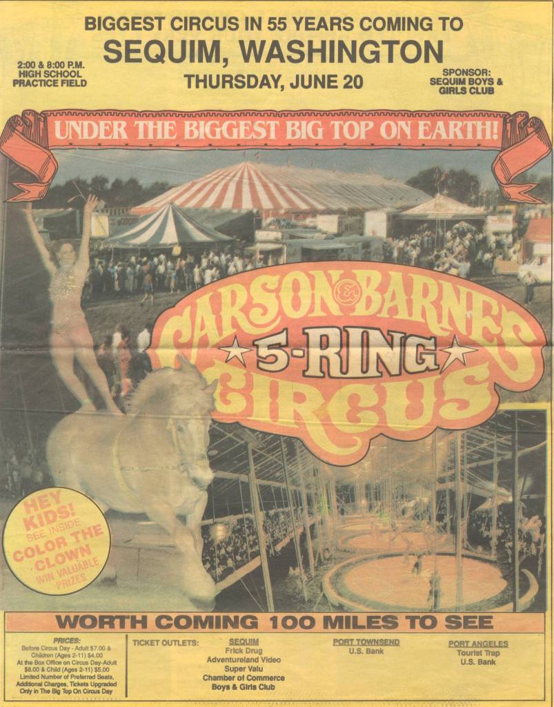 The front of a program for the Carson Barnes Circus. This program was from the June 1991 appearance of the Carson Barnes Circus in Sequim, 100 years after the first circus came to Clallam County.