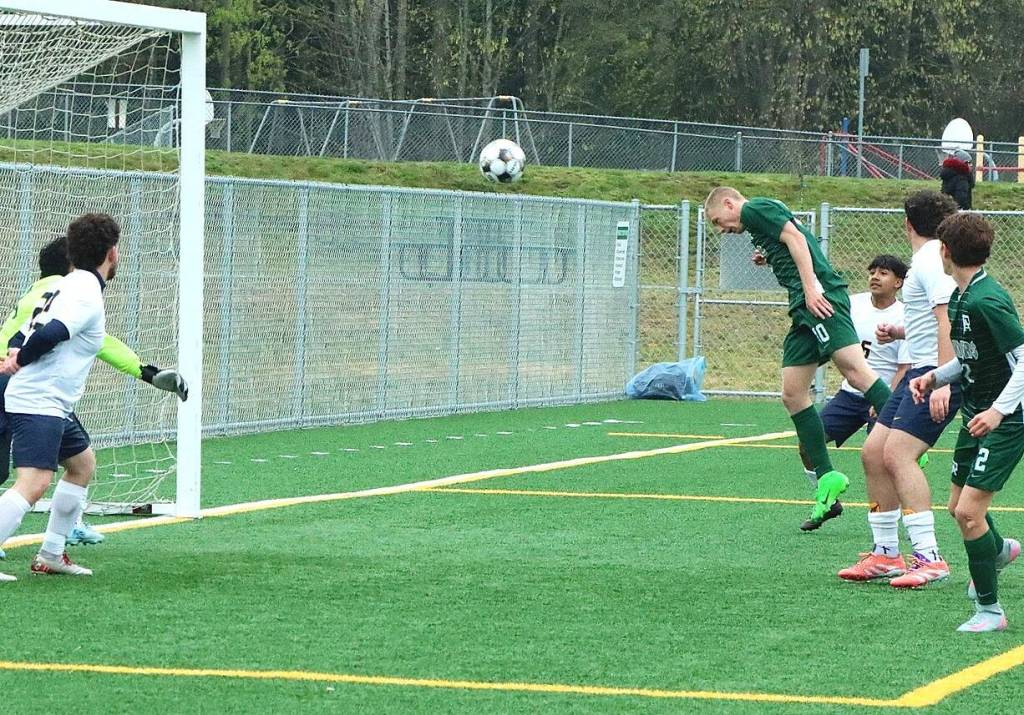Port Angeles Matthew Miller heads the ball for a goal against Forks on Saturday at the Monroe Playfield. Miller finished with a hat trick to give him 74 career goals, breaking Millie Longs school record for boys or girls soccer. (Dave Logan/for Peninsula Daily News)