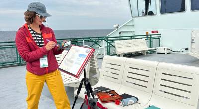 Maria Coryell-Martin, sketching aboard a Washington State Ferry, will be part of an exhibit opening Friday at Flagship Gallery in Port Townsend.