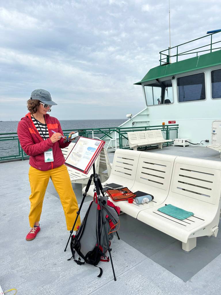 Maria Coryell-Martin, sketching aboard a Washington State Ferry, will be part of an exhibit opening Friday at Flagship Gallery in Port Townsend.