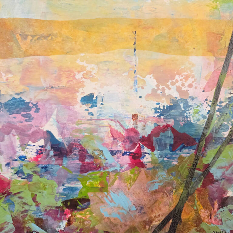 This mixed media piece by Angela Howard, sparked by Stephen Ulloms Haiku I, is part of the Ars Poetica exhibit to be celebrated on Saturday. Northwind Arts Jeanette Best Gallery in Port Townsend will host a party and poetry reading with participating artists and writers on hand. (Angela Howard)