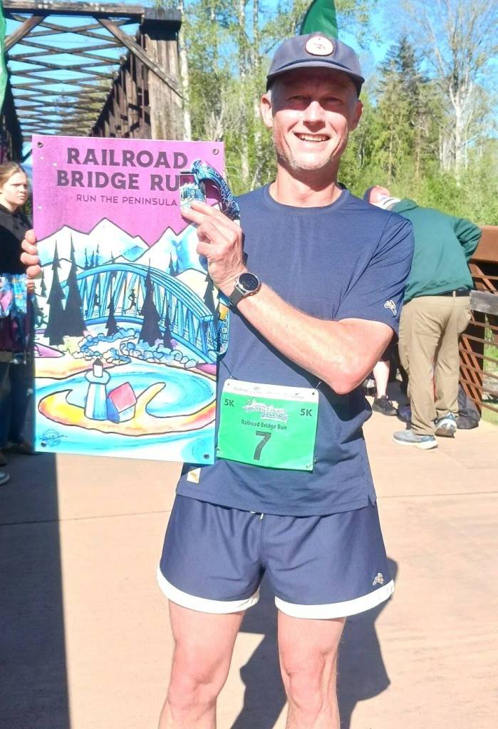 Mark LaGioia of Port Hadlock was the top male in the Sequim Railroad Bridge run 5K. (Pierre LaBossiere/Peninsula Daily News)