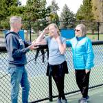 Monica Berkseth/Olympic Peninsula News Group
Sequim Picklers president Tim Williams talks with Lettie Flerchinger, middle, the Picklers director of court operations, and Jennifer Perdue about the condition of the pickleball courts at Carrie Blake Community Park.