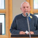 Ed Bedford provides comments on Wednesday as he accepts a Clallam County Community Service award at the Port Angeles Senior & Community Center. (Emily Matthiessen/for Peninsula Daily News)