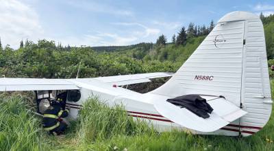 Quilcene Fire Rescue crews examine a single-propeller airplane on Tuesday after the pilot made an emergency landing in an open field. The pilot had reported engine failure and an onboard fire. (Jefferson County Sheriffs Office)