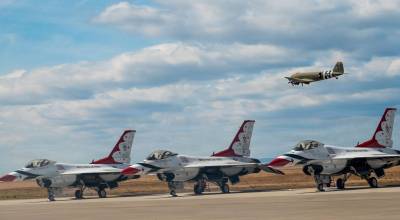A photo provided by Senior Airman Xavier Wilson/U.S. Air Force shows the U.S. Air Force demonstration squadron Thunderbirds on the tarmac at the Gunfighter Skies air show at Mountain Home Air Force Base in Idaho on Sunday. Video shared on social media showed the jets striking each other and spinning toward the ground. At least four parachutes were deployed before the planes crashed. (Senior Airman Xavier Wilson/U.S. Air Force via The New York Times)