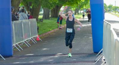 Camille Shiflett of Quilcene was the top womens finisher in the 12K at the 45th running of the Rhody Run on Saturday in Port Townsend in a time of 47:26.48. The race returned to Fort Worden State Park this year. (Steve Mullensky/for Peninsula Daily News)