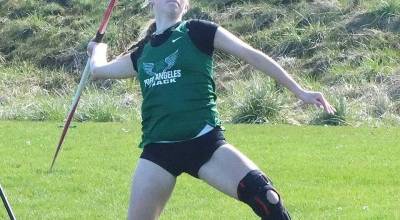 Defending state champion javelin thrower Teanna Clark, here competing in the Port Angeles Invitational, won the District 3 2A championship, breaking her previous school record with a throw of 141-8. (Dave Logan/for Peninsula Daily News)