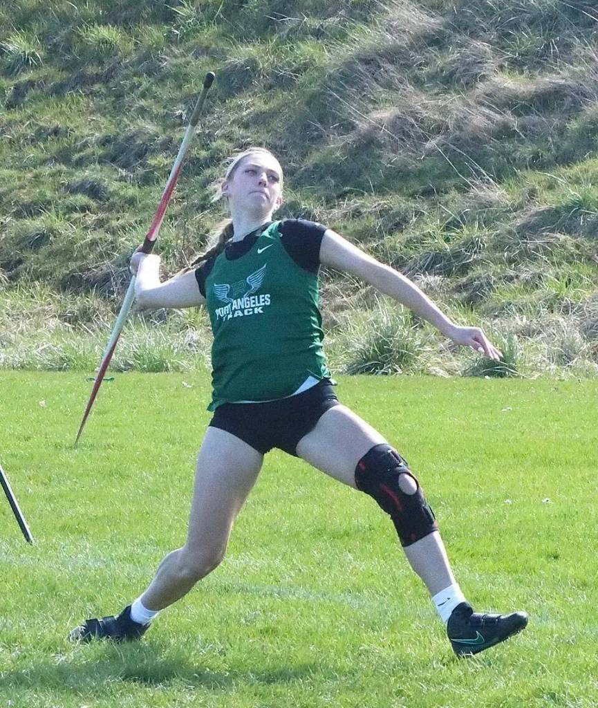Defending state champion javelin thrower Teanna Clark, here competing in the Port Angeles Invitational, won the District 3 2A championship, breaking her previous school record with a throw of 141-8. (Dave Logan/for Peninsula Daily News)