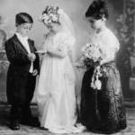 Above, Tom Thumb wedding circa 1922.
At right, August 1915 wedding of groom Victor Cox, left, and bride Velma Woods, center.