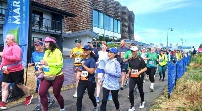 5K and 10K runners take off at the starting line of the North Olympic Discovery Marathon weekend of races Saturday morning at the Port Angeles City Pier. (Pierre LaBossiere/Peninsula Daily News)