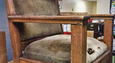 The original bailiff chair of the historic Clallam County Courthouse, dedicated in June 1915, is in need of restoration. (Clallam County Parks, Fair & Facilities Department)