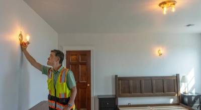 David Nakagawara, project manager for the Port of Port Townsend, turns on a light in one of the refurbished rooms in a building at Point Hudson in what was known as the Junior Officers Quarters. The lights, doors and door knob are original from the time the building was built in 1935. Attention to detail to keep the buildings authentic and original was paramount during the remodel. The port plans to rent the units for short-term stays. (Steve Mullensky/for Peninsula Daily News)