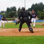 Shoreline baserunner Henry Ramirez, Wilder Jr. pitcher Parker Pavlak and catcher Logan Botero all converge on home plate at Civic Field on Thursday after a passed ball. Ramirez ended up scoring to make it 1-0 for Shoreline. (Pierre LaBossiere/Peninsula Daily News)