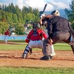 Wilder Seniors Ethan Staples fire a pitch to a WBS Colts 16U batter on Saturday. Staples threw a complete-game three-hitter as the seniors won 9-1 to move to the semifinals game Sunday. (Photos by Pierre LaBossiere/Peninsula Daily News)