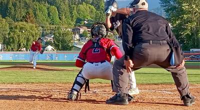 Wilder Seniors Ethan Staples fire a pitch to a WBS Colts 16U batter on Saturday. Staples threw a complete-game three-hitter as the seniors won 9-1 to move to the semifinals game Sunday. (Photos by Pierre LaBossiere/Peninsula Daily News)