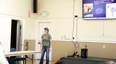 Equine veterinarian Melissa Board discusses protocols on how to handle equine emergencies  emphasizing the need to know how to check vital signs  at this months BCH Buckhorn Ranch Chapter meeting held at the Gardiner Community Center. (Karen Griffiths/for Peninsula Daily News)
