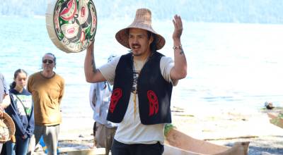 Randy Eastman Jr. celebrates the announcement of one of the canoe names Thursday at the NatureBridge Campus. (Emily Hanson/Peninsula Daily News)